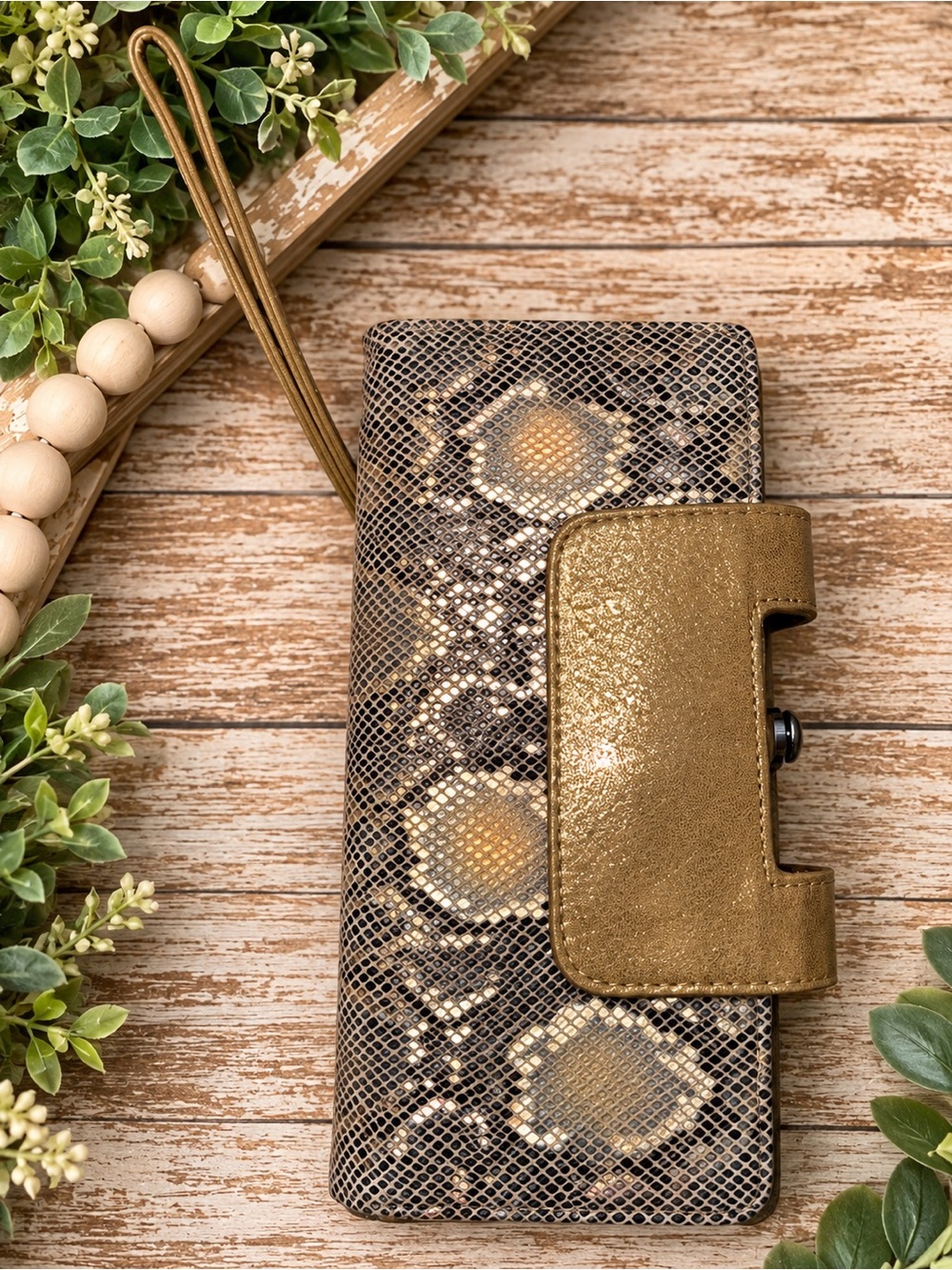 HOBO Lauren Metallic Snakeskin Leather Double Frame Clutch Wallet Wristlet
